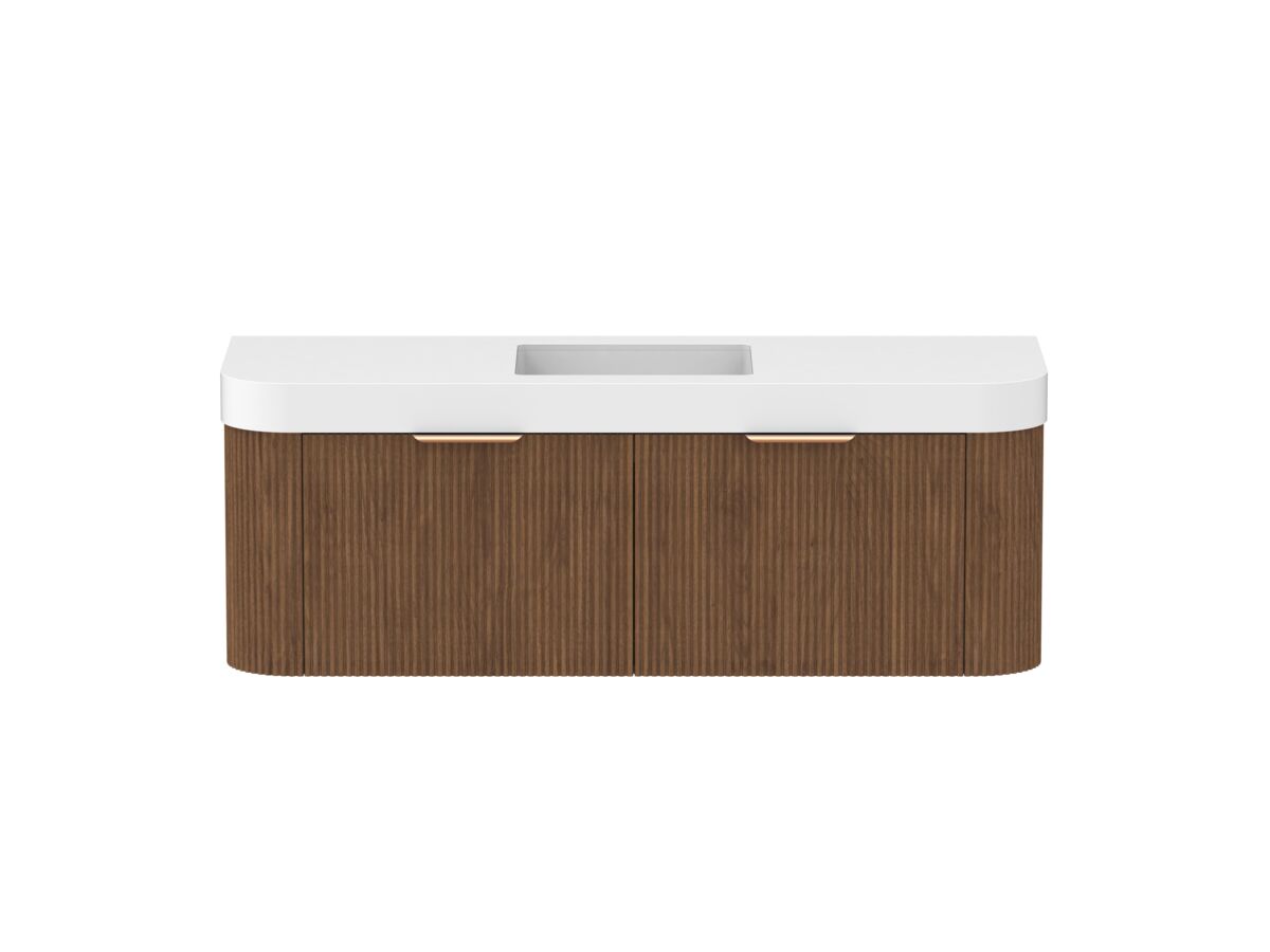 Hero - Kado Neue Fluted Double Curve All Drawer 1500mm Wall Hung Vanity with Centre Basin Durasein 90mm Top Florentine Walnut