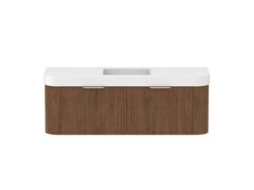 Hero - Kado Neue Fluted Double Curve All Drawer 1500mm Wall Hung Vanity with Centre Basin Durasein 90mm Top Florentine Walnut