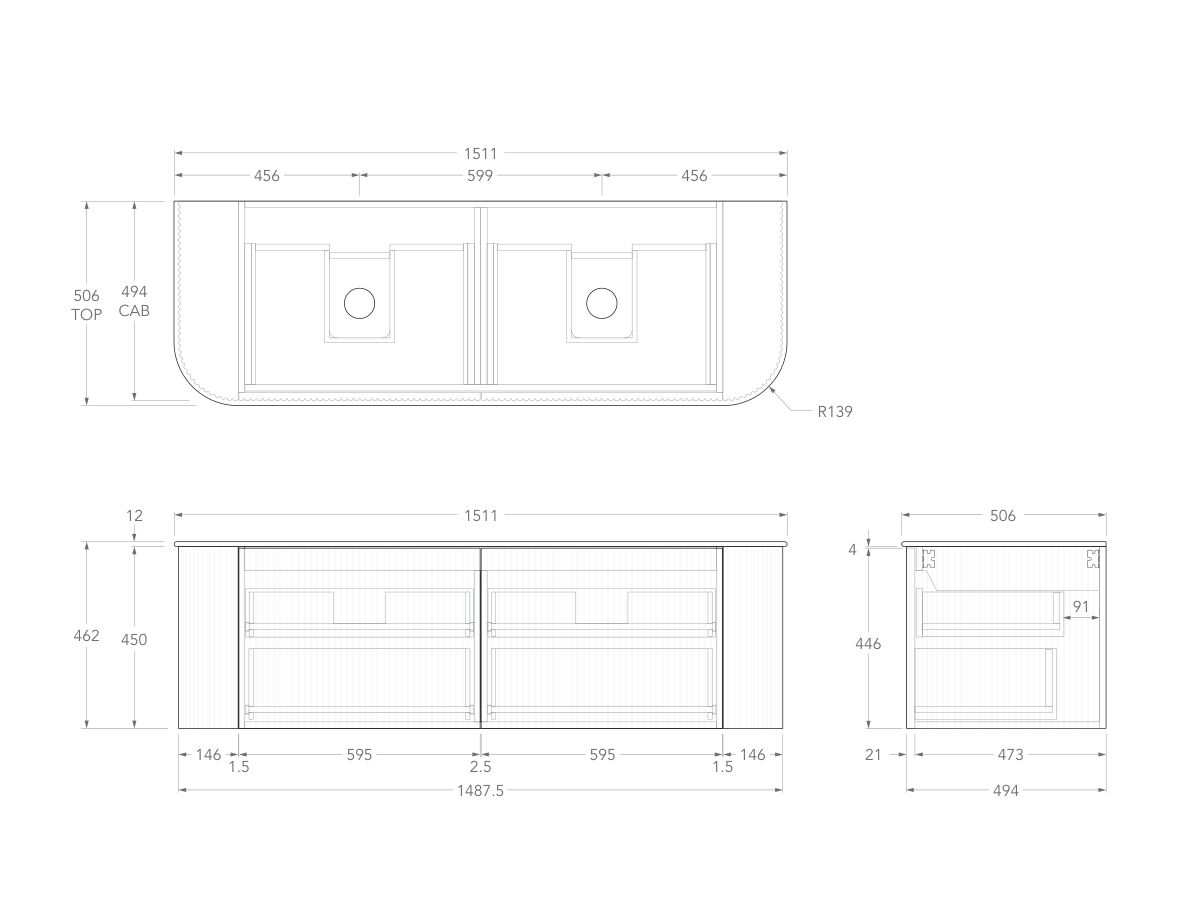 Technical Drawing - Kado Neue Fluted Double Curve All Drawer 1500 Wall Hung Vanity With Double Basin Durasein 12mm Top