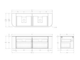 Technical Drawing - Kado Neue Fluted Double Curve All Drawer 1500 Wall Hung Vanity With Double Basin Durasein 12mm Top