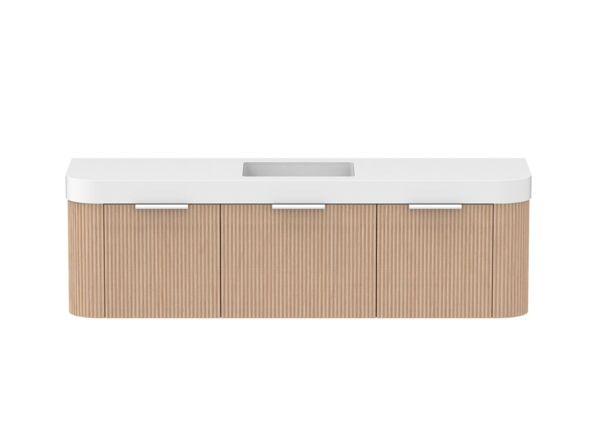 Supporting Image - Kado Neue Fluted Double Curve All Drawer 1800mm Wall Hung Vanity with Centre Basin Durasein 90mm Top Blonde Oak