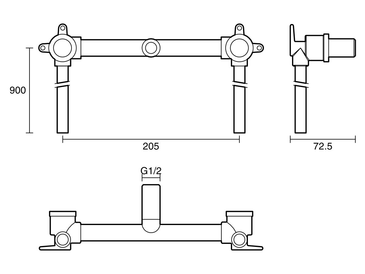 Technical Drawing - Dura Ardent Sink Assembly 200mm Centre with 900mm Tails Bottom Entry Lead Free