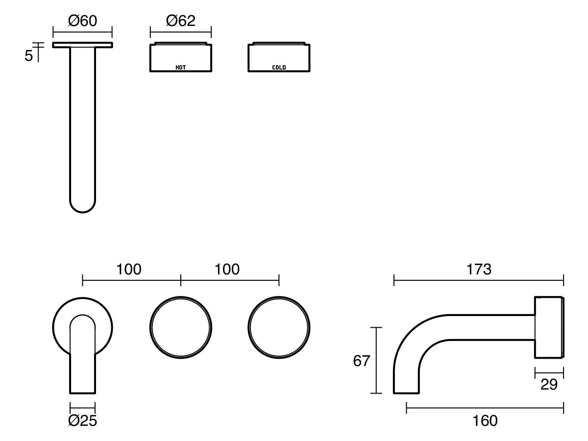 Technical Drawing - Sussex Pure Elemental Wall Bath Hostess System 160mm