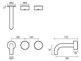 Technical Drawing - Sussex Pure Elemental Wall Bath Hostess System 160mm