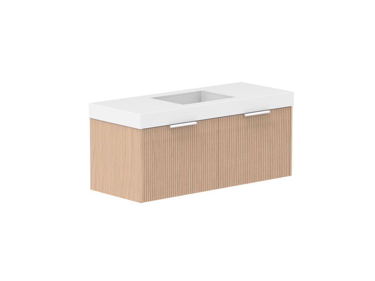 Supporting Image 2- Kado Neue Fluted Square All Drawer 1200mm Wall Hung Vanity with Centre Basin 90mm Top Blonde Oak