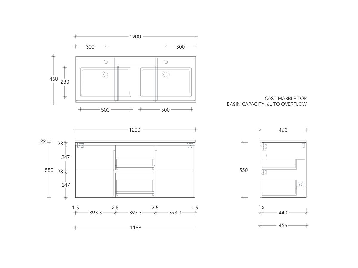 Posh Domaine Conventional 1200mm Double Bowl Wall Hung Vanity Cast Marble Top