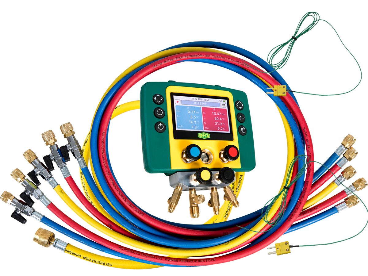 Refmate 4 Digital Manifold With 2 Temperature Sensors & 5 x 60" Hoses With Ball Valves