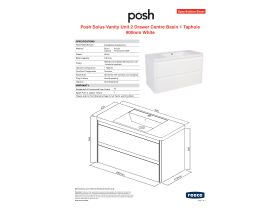 Specification Sheet - Posh Solus 900mm Wall Hung Vanity Unit 2 Drawer 1 Taphole with Overflow