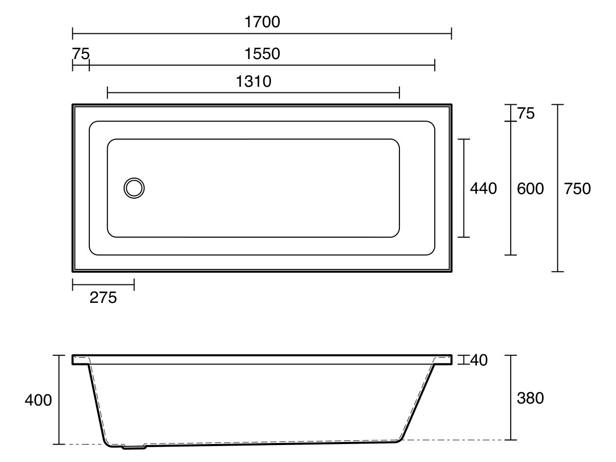 Base Acrylic Bath 1700 x 750 x 400mm White