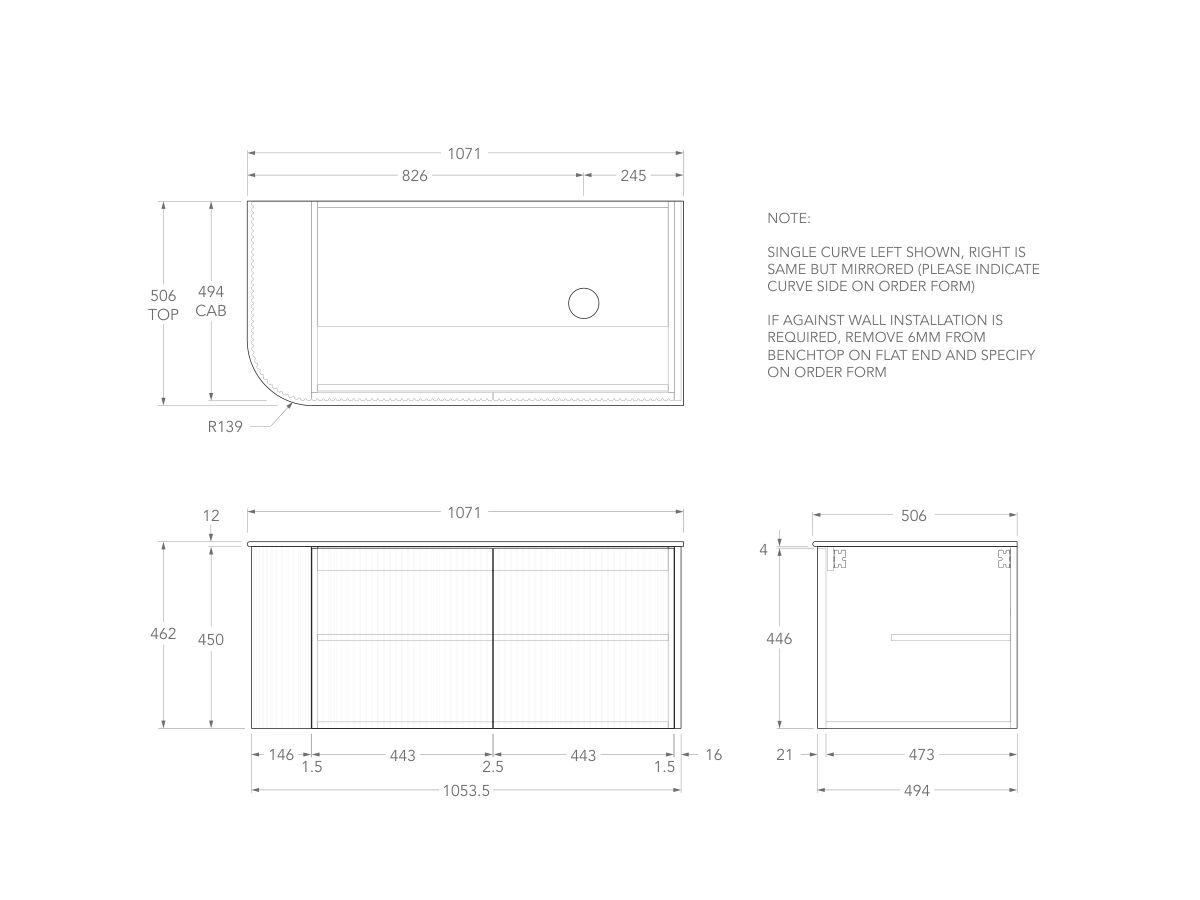 Technical Drawing - Kado Neue Fluted Single Curve All Door 1050mm Wall Hung Vanity with Right Hand Basin Durasein 12mm Top