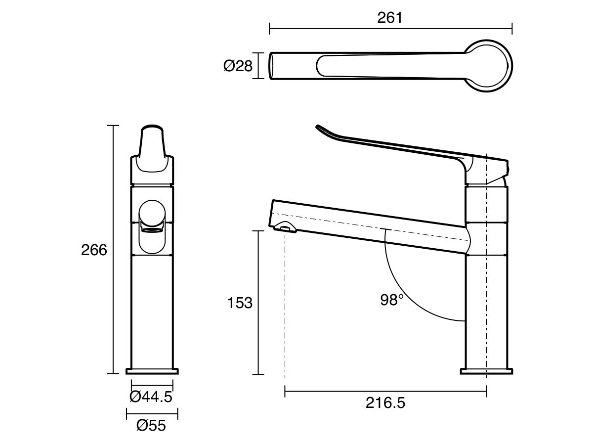 Technical Drawing - Mizu Soothe Mk2 Sink Mixer Extended Lever with Red & Blue Indicators