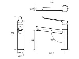 Technical Drawing - Mizu Soothe Mk2 Sink Mixer Extended Lever with Red & Blue Indicators