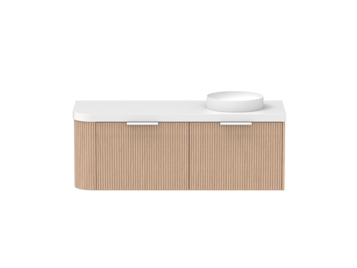 Supporting Image - Kado Neue Fluted Single Curve All Drawer 1350mm Wall Hung Vanity with Right Hand Basin Durasein 50mm Top Blonde Oak