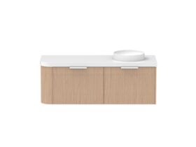 Supporting Image - Kado Neue Fluted Single Curve All Drawer 1350mm Wall Hung Vanity with Right Hand Basin Durasein 50mm Top Blonde Oak
