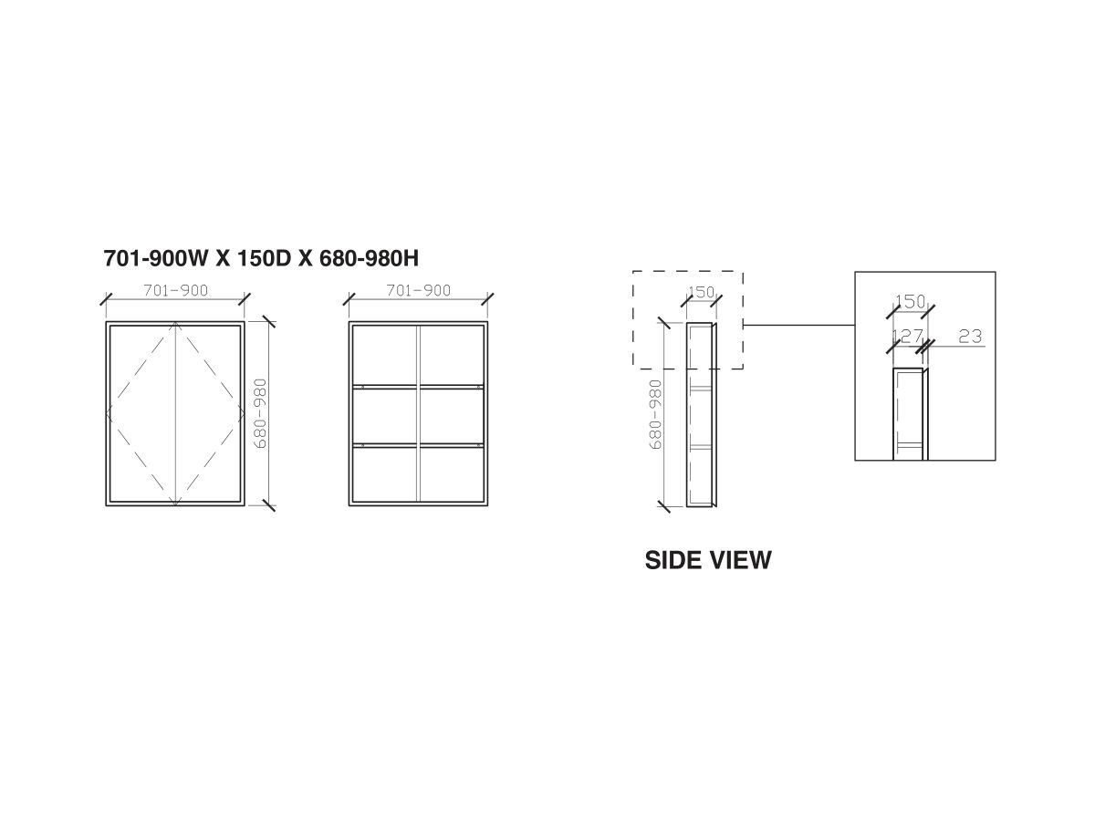 ISSY Z8 Shaving Cabinet Custom 701 - 900mm (Wide) x 150mm (Deep) x 680mm - 980mm (Height)