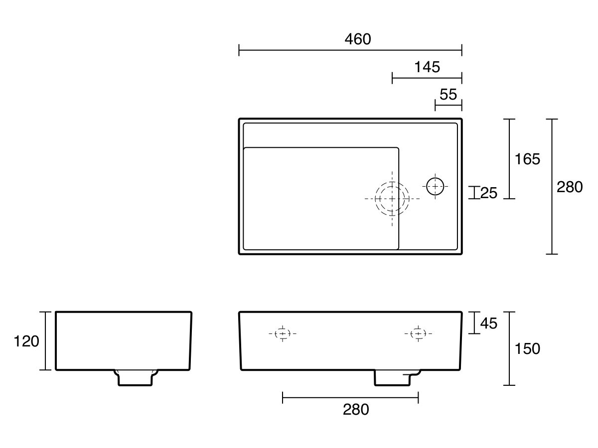 Technical Drawing - LAUFEN Kartell Wall Basin with Shelf Left Hand Bowl 460mm x 280mm 1 Taphole