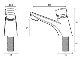 Technical Drawing - Wolfen Timed Flow Pillar Tap Chrome (6 Star) Lead Free