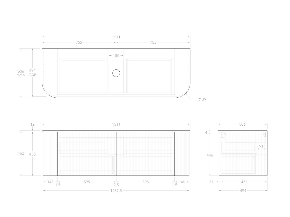 Technical Drawing - Kado Neue Fluted Double Curve All Drawer 1500 Wall Hung Vanity with Centre Basin Durasein 12mm Top