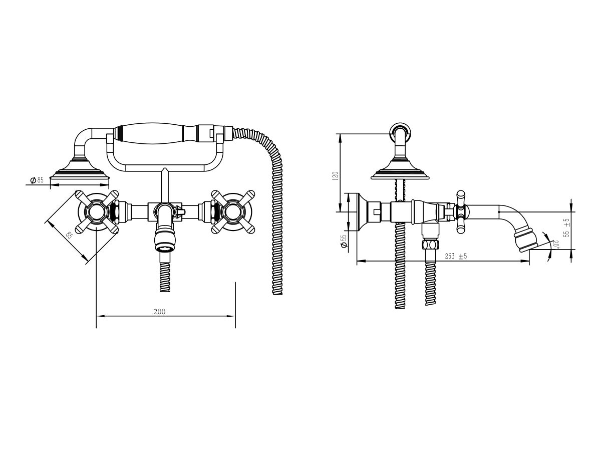 Milli Voir Wall Mounted Telephone Bath Set Cross Handles (3 Star)