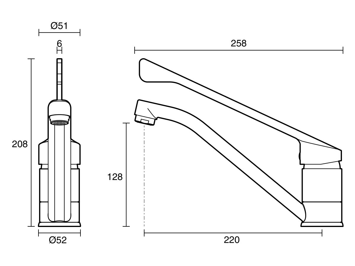 Technical Drawing - Posh Bristol MK2 Sink Mixer with Extended Lever Chrome (4 Star) Lead Free