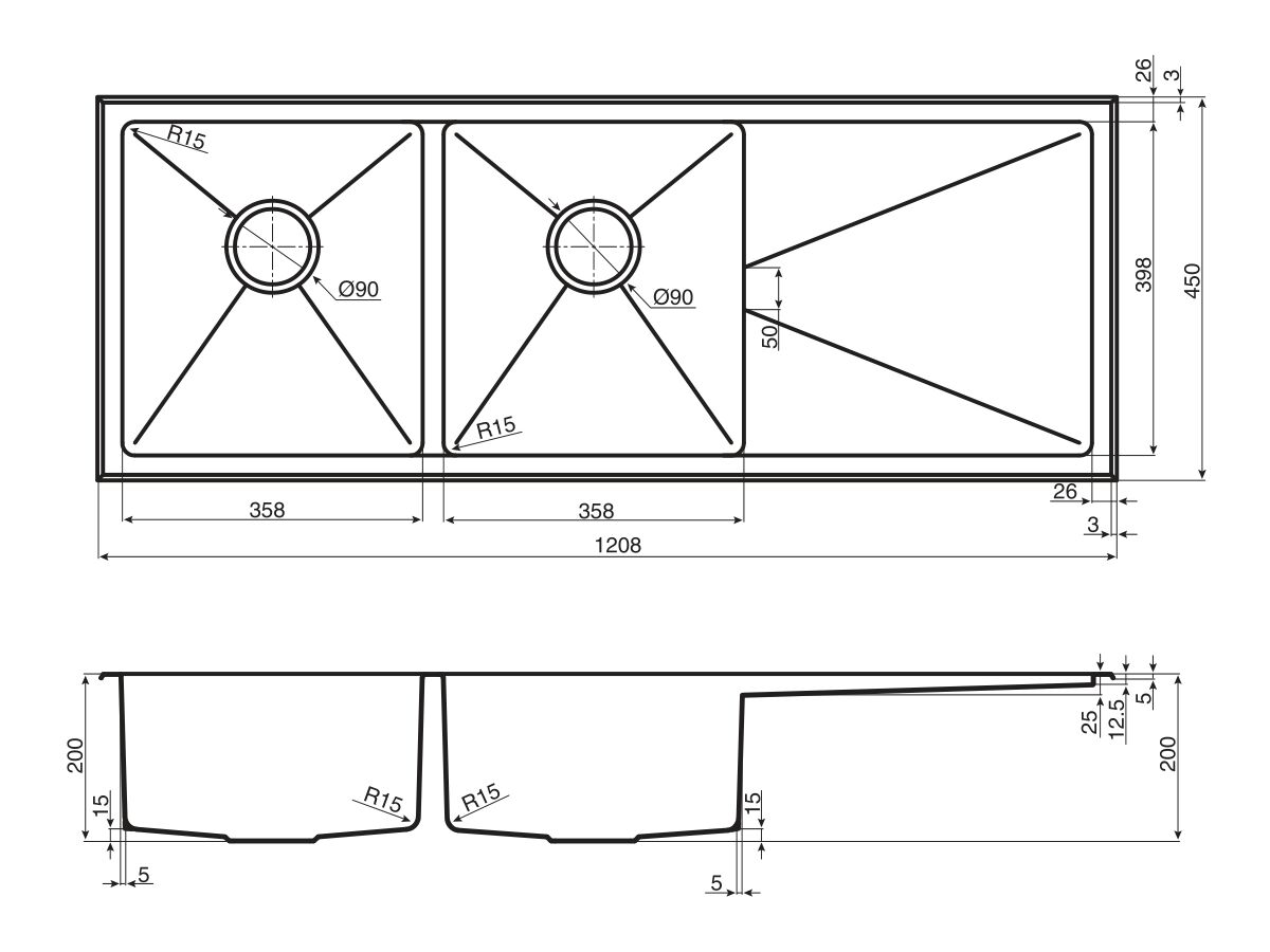 AFA Exact Double Bowl Inset / Undermount Left Hand Bowl Sink No Taphole with Quick-Fit Clips 1208mm Stainless Steel