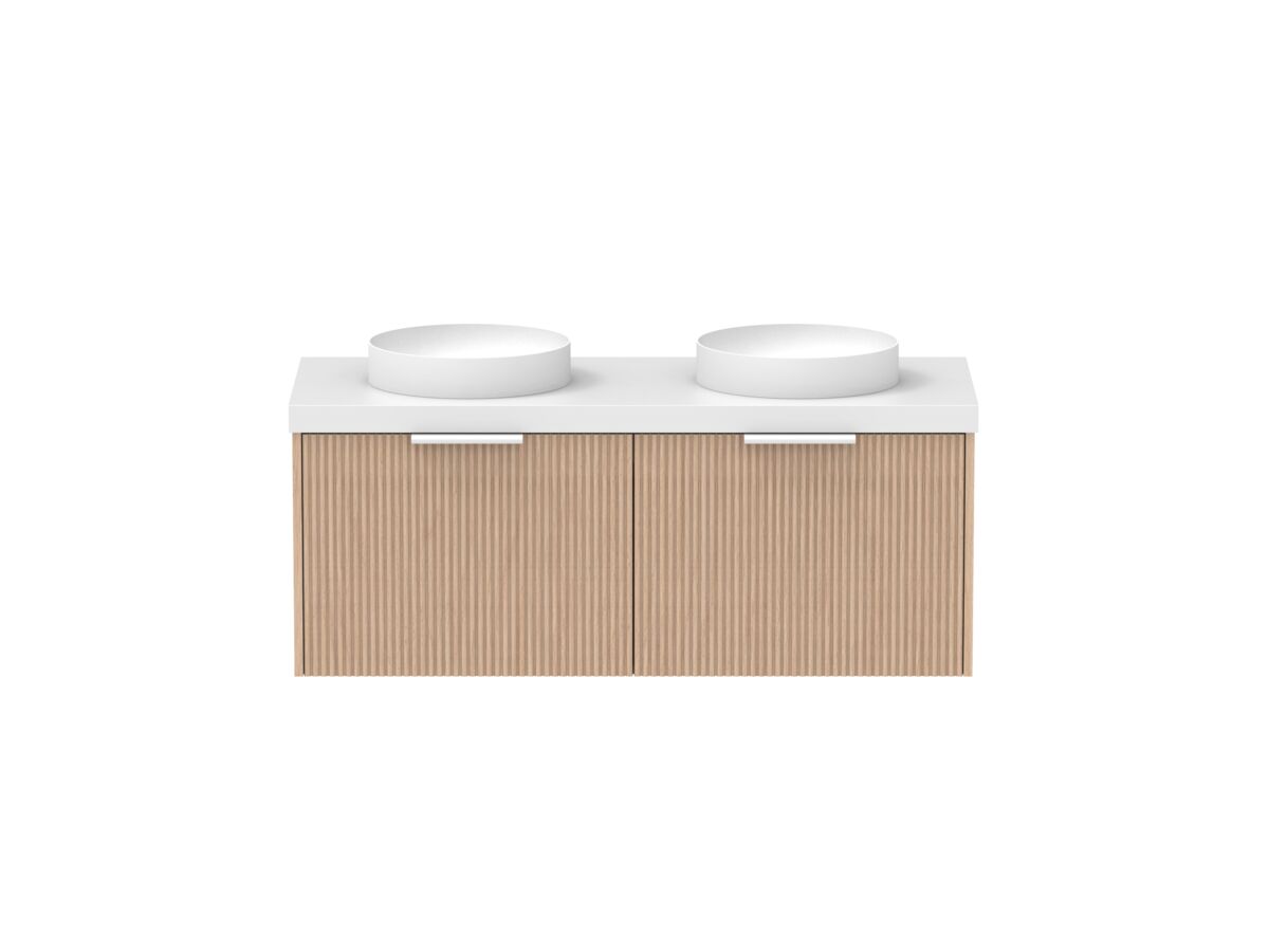 Supporting Image - Kado Neue Fluted Square 1200mm Wall Hung Vanity with Double Basin 50mm Top Blonde Oak