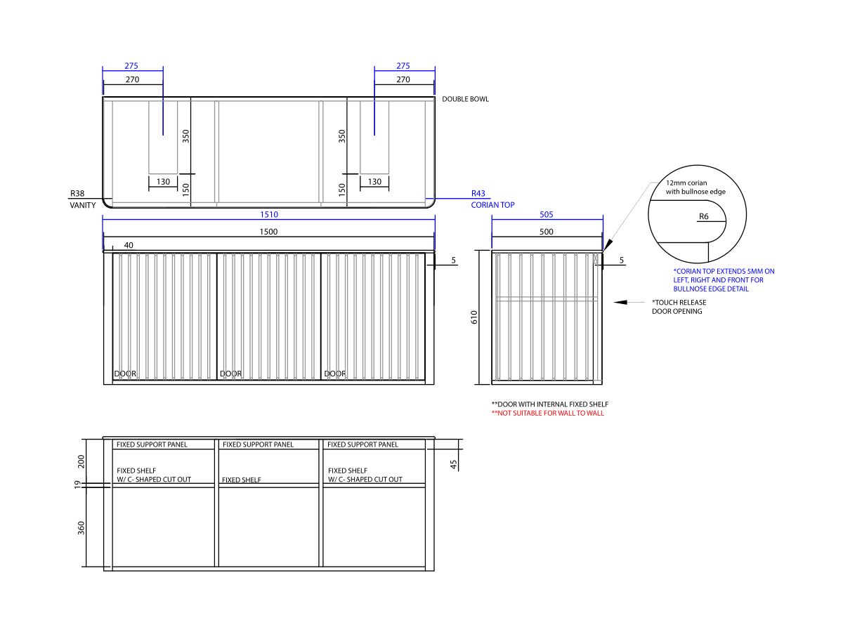 ISSY Cloud I 1500mm x 500mm x 610mm Wall Hung Vanity Unit 3 Touch Latch Doors Semi Inset (No Basin)