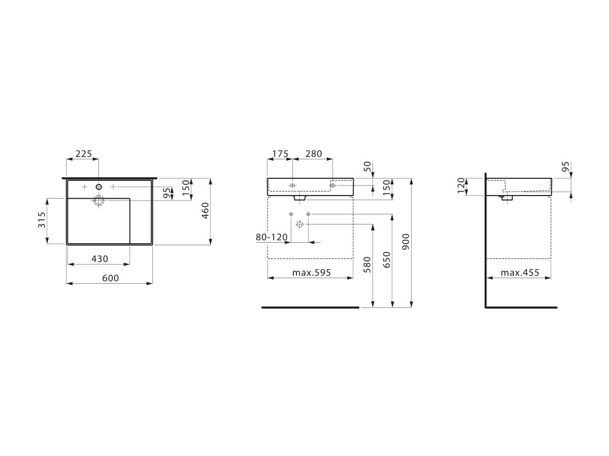 Technical Drawing -  LAUFEN Kartell Wall Basin with Shelf Left Hand Bowl 600mm x 460mm 1 Taphole