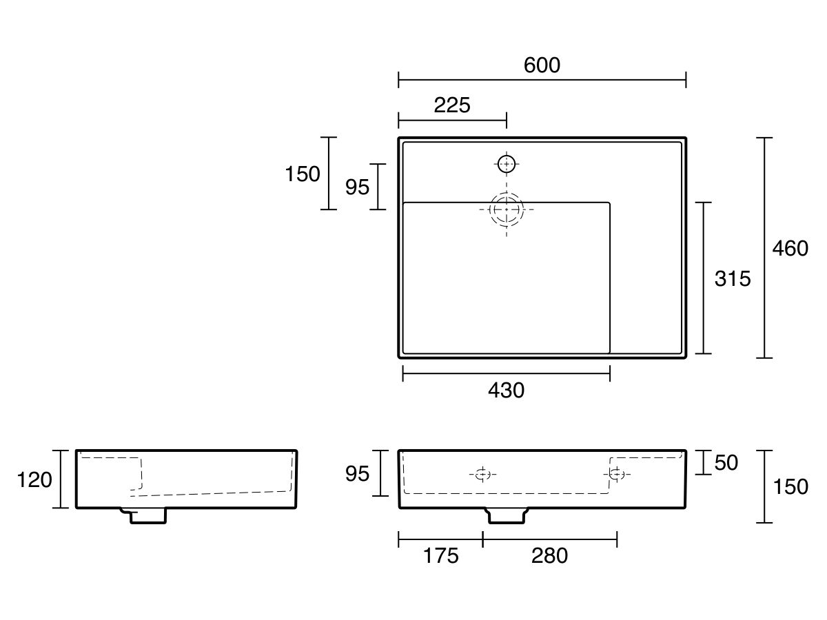 Technical Drawing - LAUFEN Kartell Wall/Counter Basin with Shelf Left Hand Bowl 600mm x 460mm 1 Taphole