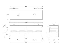 Technical Drawing - Posh Domaine 1800mm Wall Hung Vanity Unit All-Drawer Open Shelf Double Bowl 90mm Top