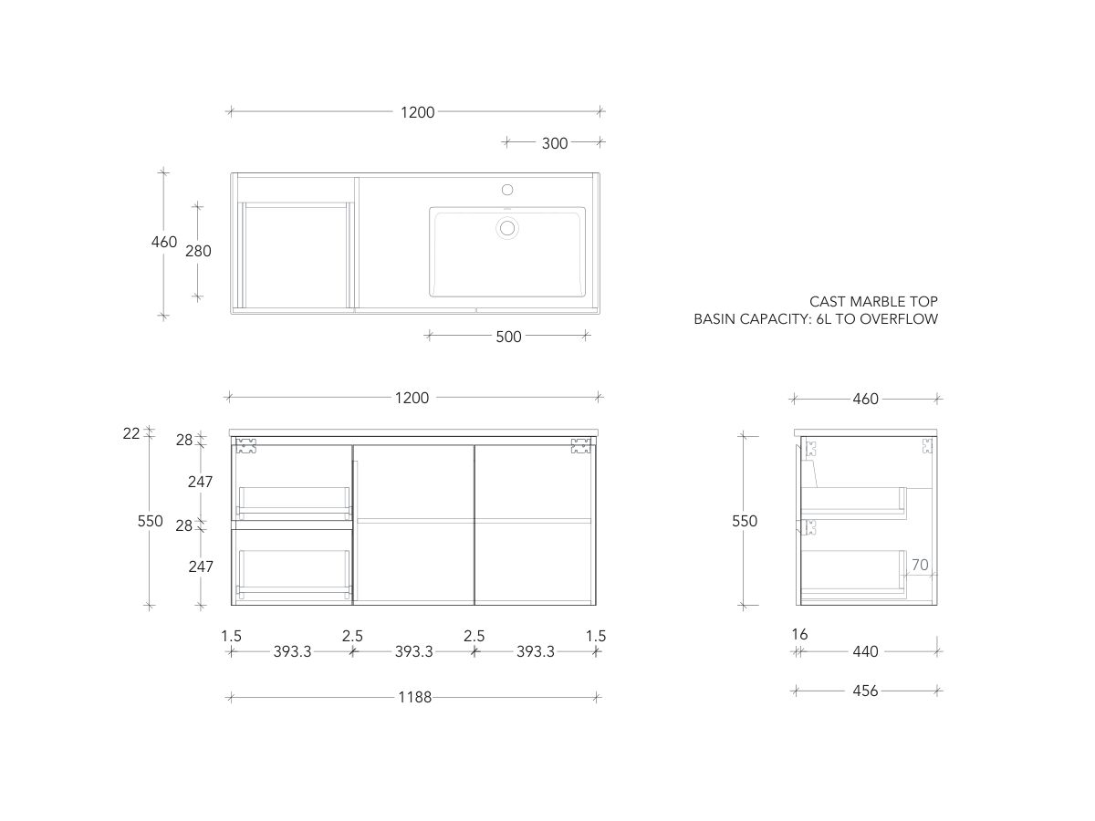 Posh Domaine Conventional 1200mm Single Bowl Wall Hung Vanity Cast Marble Top Right Hand Basin