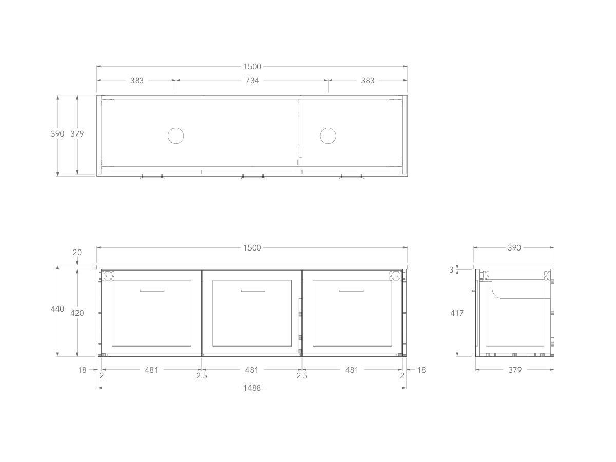 Technical Drawing - Kado Lux Ensuite All Door 1500mm Wall Hung Double Basin 20mm Top