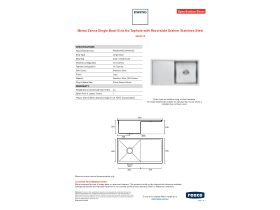 Specification Sheet - Memo Zenna Single Bowl Sink No Taphole with Reversible Drainer Stainless Steel