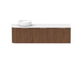 Supporting Image - Kado Neue Fluted Single Curve All Drawer 1650mm Wall Hung Vanity with Left Hand Basin 20mm Top Florentine Walnut