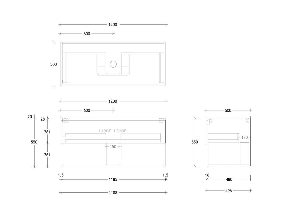 Technical Drawing - Posh Domaine All Drawer with Shelf 1200mm Wall Hung Vanity Centre Basin 20mm Top