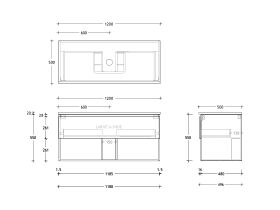 Technical Drawing - Posh Domaine All Drawer with Shelf 1200mm Wall Hung Vanity Centre Basin 20mm Top