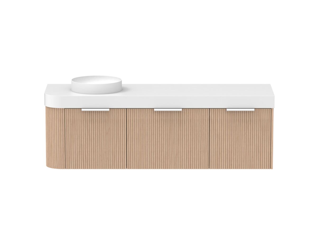 Supporting Image - Kado Neue Fluted Single Curve All Drawer 1650mm Wall Hung Vanity with Left Hand Basin Durasein 90mm Top Blonde Oak