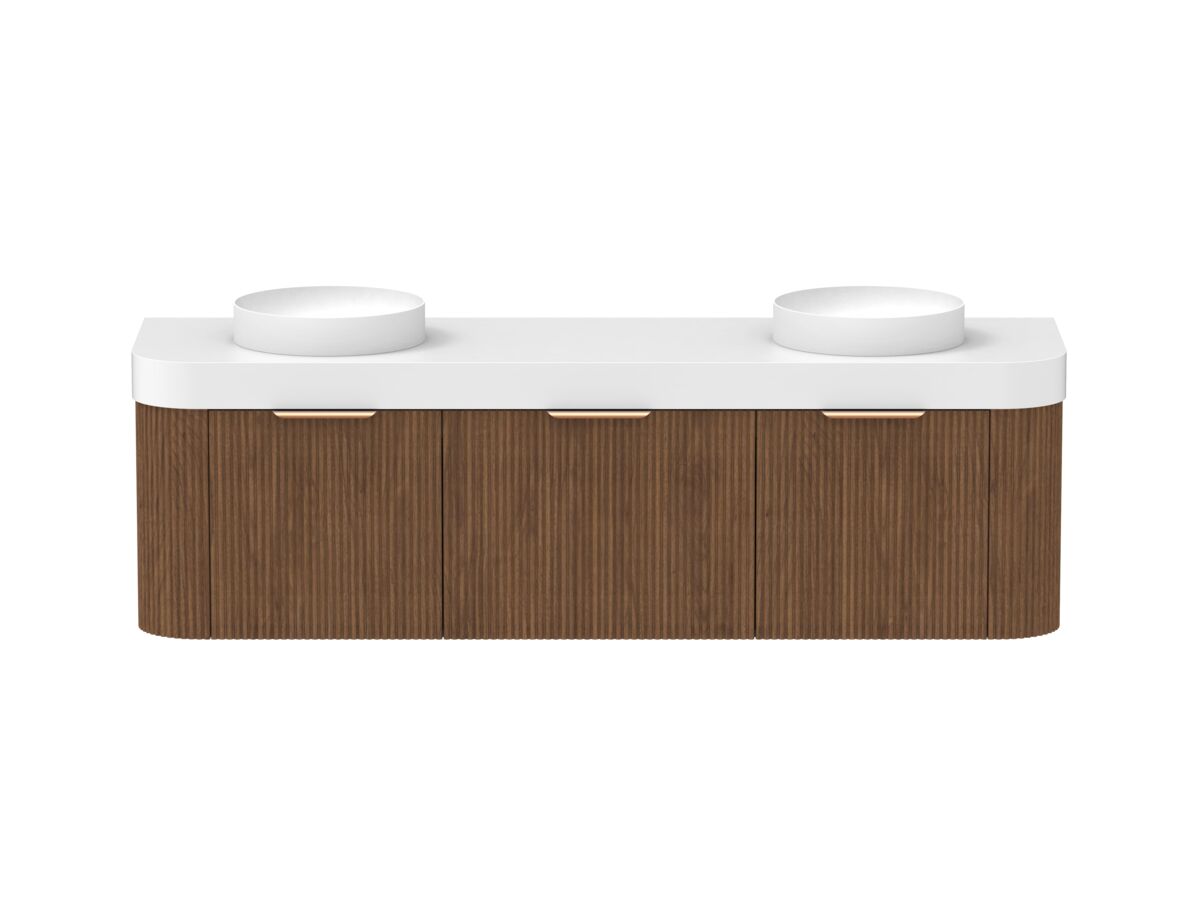 Hero - Kado Neue Fluted Double Curve All Drawer 1800mm Wall Hung Vanity with Double Basin Durasein 90mm Top Florentine Walnut