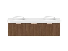 Hero - Kado Neue Fluted Double Curve All Drawer 1800mm Wall Hung Vanity with Double Basin Durasein 90mm Top Florentine Walnut