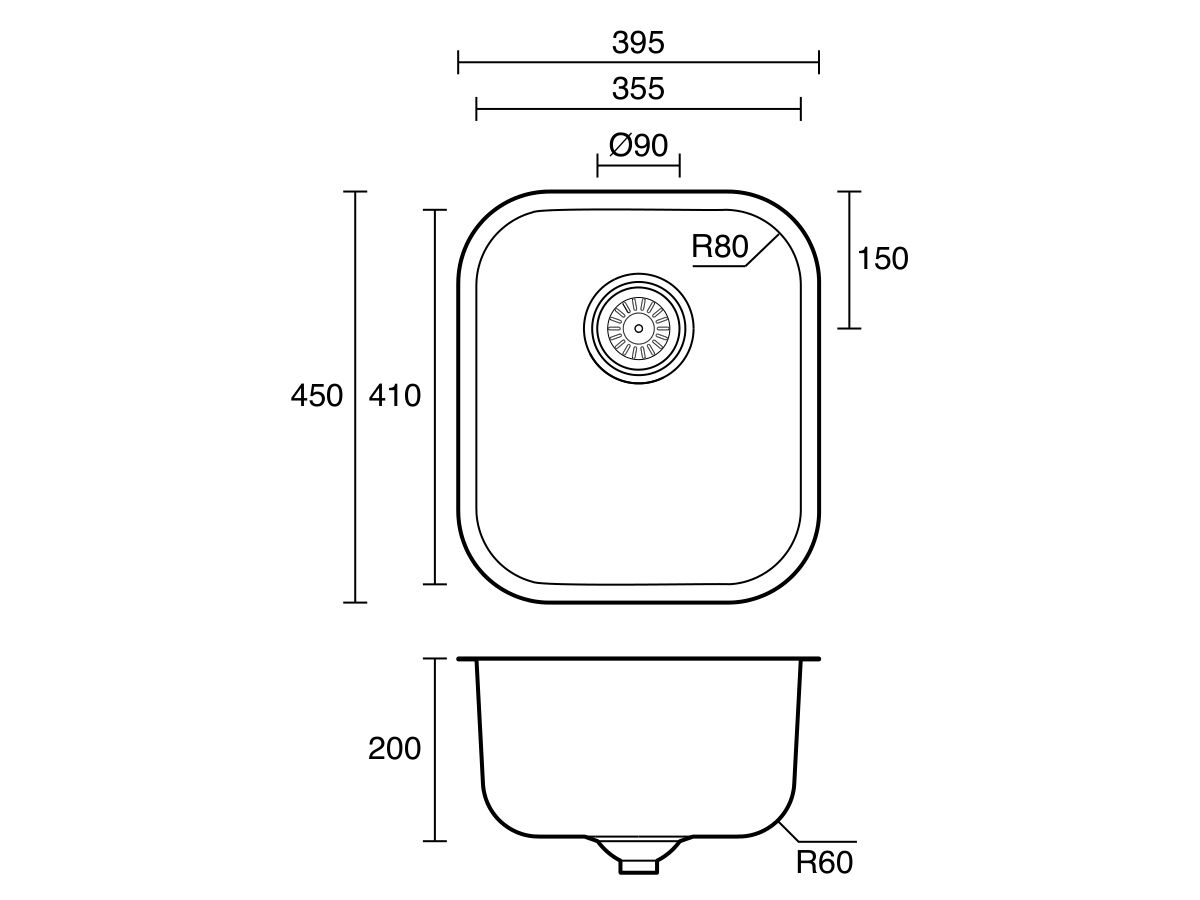 Technical Drawing - Posh Solus MK3 Single Bowl Undermount Sink No Taphole Stainless Steel