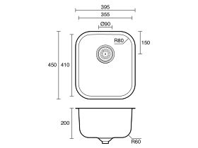 Technical Drawing - Posh Solus MK3 Single Bowl Undermount Sink No Taphole Stainless Steel