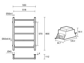Technical Drawing - Mizu Drift MK2 550 x 800mm Heated Towel Rail Low Voltage 24V