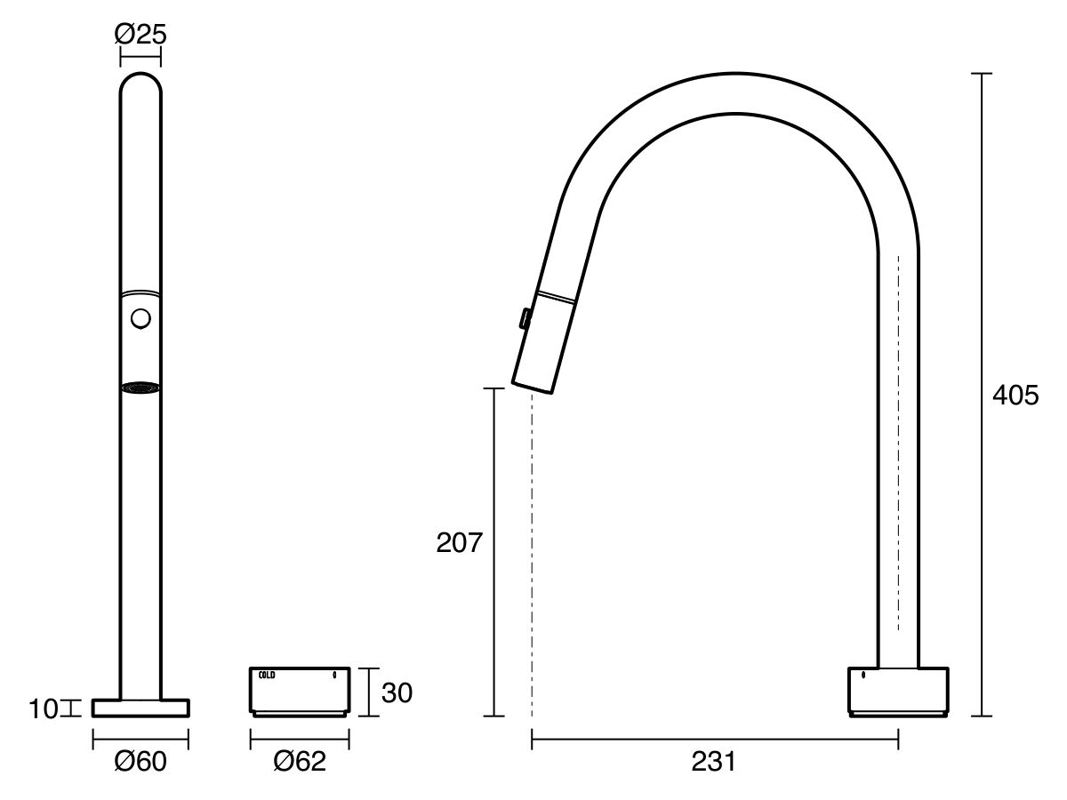 Technical Drawing - Sussex Pure Elemental Progressive Sink Mixer Set Pull Out Spray (4 Star) Lead Free