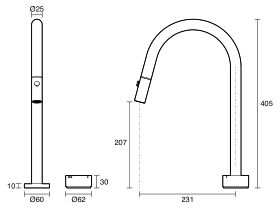 Technical Drawing - Sussex Pure Elemental Progressive Sink Mixer Set Pull Out Spray (4 Star) Lead Free