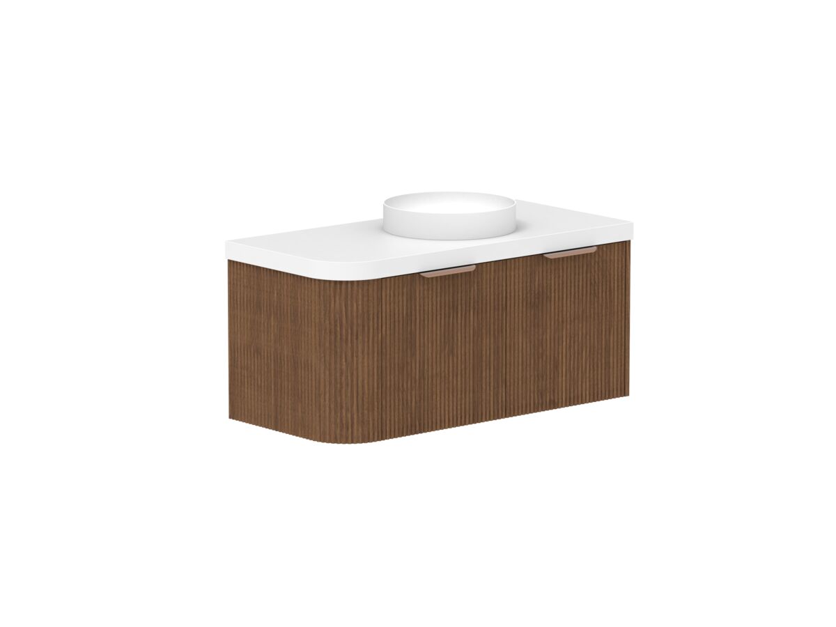 Hero - Kado Neue Fluted Single Curve All Drawer 1050mm Wall Hung Vanity with Centre Basin Durasein 50mm Top Florentine Walnut