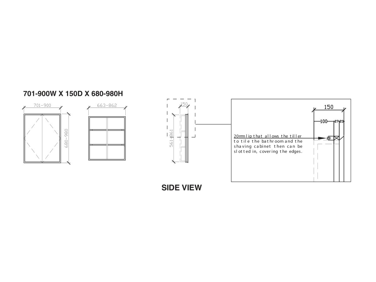 ISSY Z8 Recessed Shaving Cabinet Custom 701x900mm (Wide) x 150mm (Deep) x 680mm-980mm (Height)
