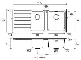 Technical Drawing - Memo Oscar Inset Right Hand 1 & 1/2 Bowl & Drainer Sink Overflow 1 Taphole