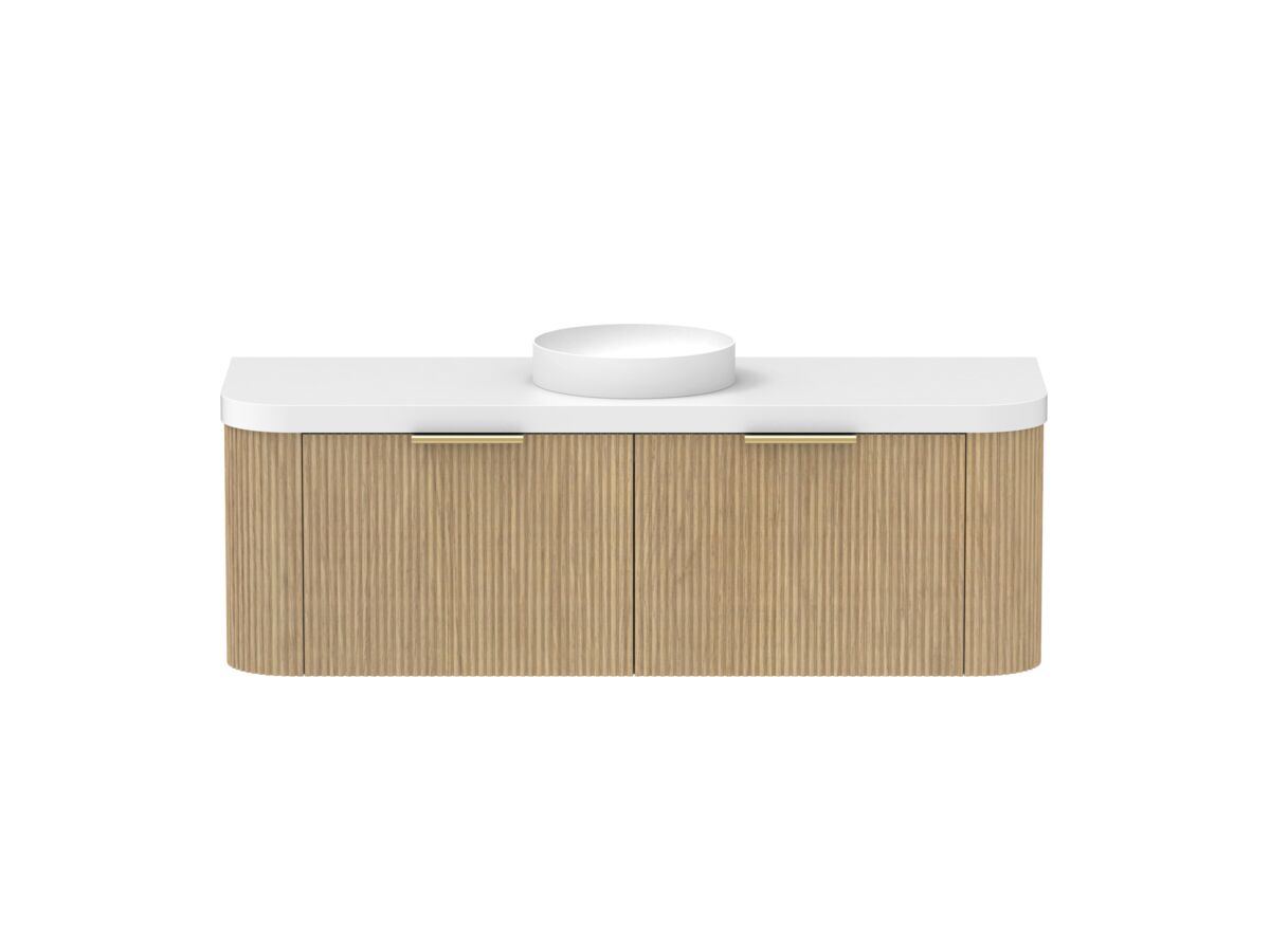 Supporting Image - Kado Neue Fluted Double Curve All Drawer 1500mm Wall Hung Vanity with Centre Basin Durasein 50mm Top Boston Oak