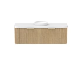 Supporting Image - Kado Neue Fluted Double Curve All Drawer 1500mm Wall Hung Vanity with Centre Basin Durasein 50mm Top Boston Oak