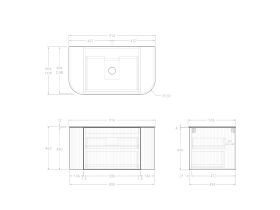 Technical Drawing - Kado Neue Fluted Double Curve All Drawer 900 Wall Hung Vanity with Centre Basin Durasein 12mm Top